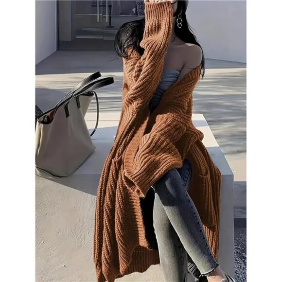 Womens Long Cardigan Sweaters Open Front Oversized Camel - Picture 2 of 5